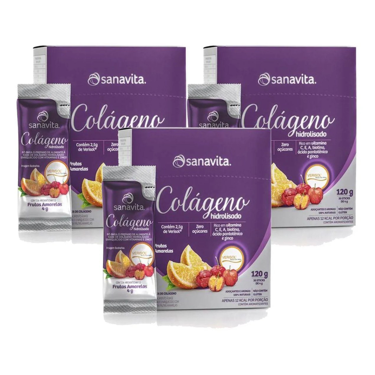 Kit 3X Colágeno Verisol Hidrolisado - 30 Sticke de 4G Frutas Amarelas - Sanavita