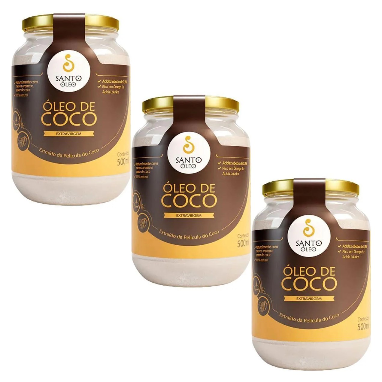 Kit 3X Óleo de Coco Extra Virgem de Película - 500Ml - Santo Óleo