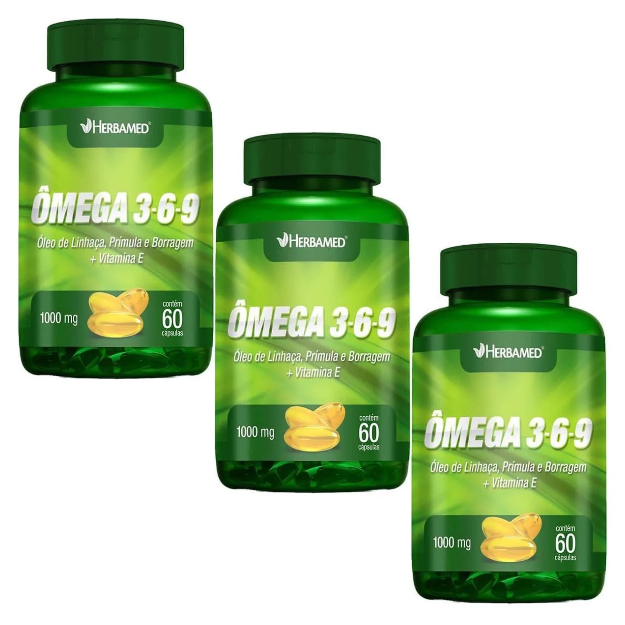 Kit 3X Ômega 3, 6 e 9 Linhaça, Prímula e Borragem + Vitamina e - 60 Cápsulas - Herbamed