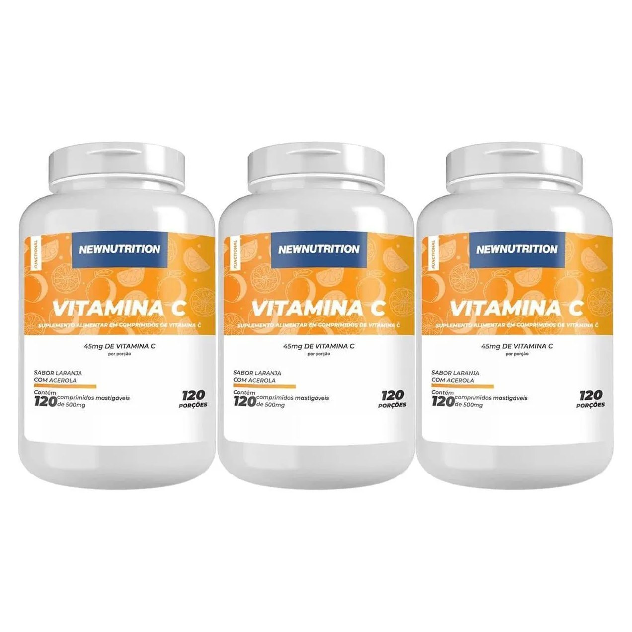 Kit 3X Vitamina C 45Mg - 120 Comprimidos Mastigáveis Laranja com Acerola - Newnutrition