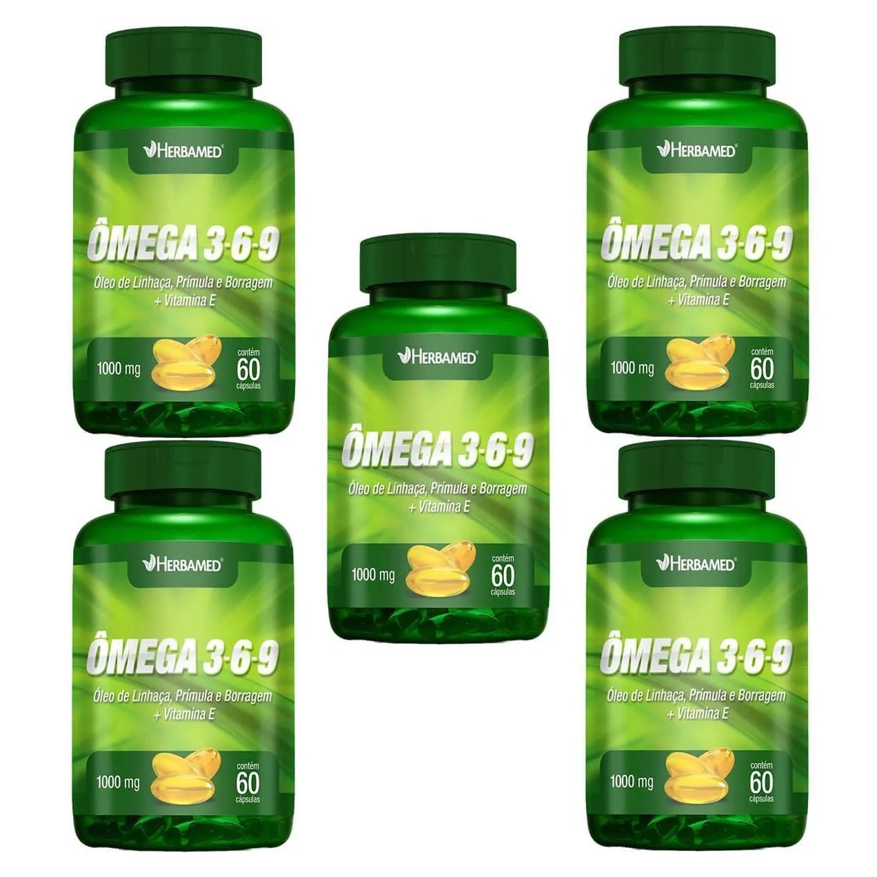 Kit 5X Ômega 3, 6 e 9 Linhaça, Prímula e Borragem + Vitamina e - 60 Cápsulas - Herbamed