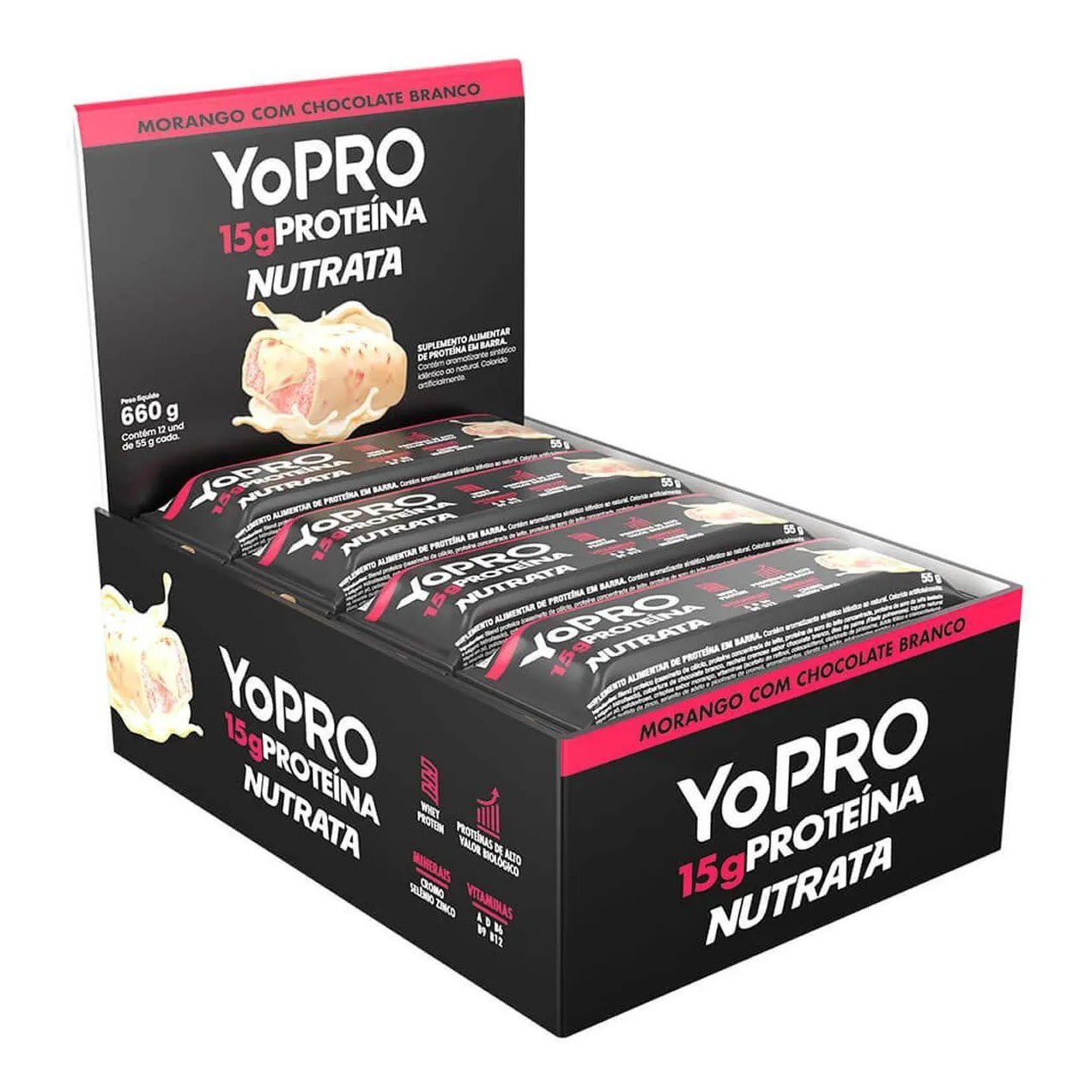 Yopro - 12 Barras 55G Morango com Chocolate Branco - Nutrata