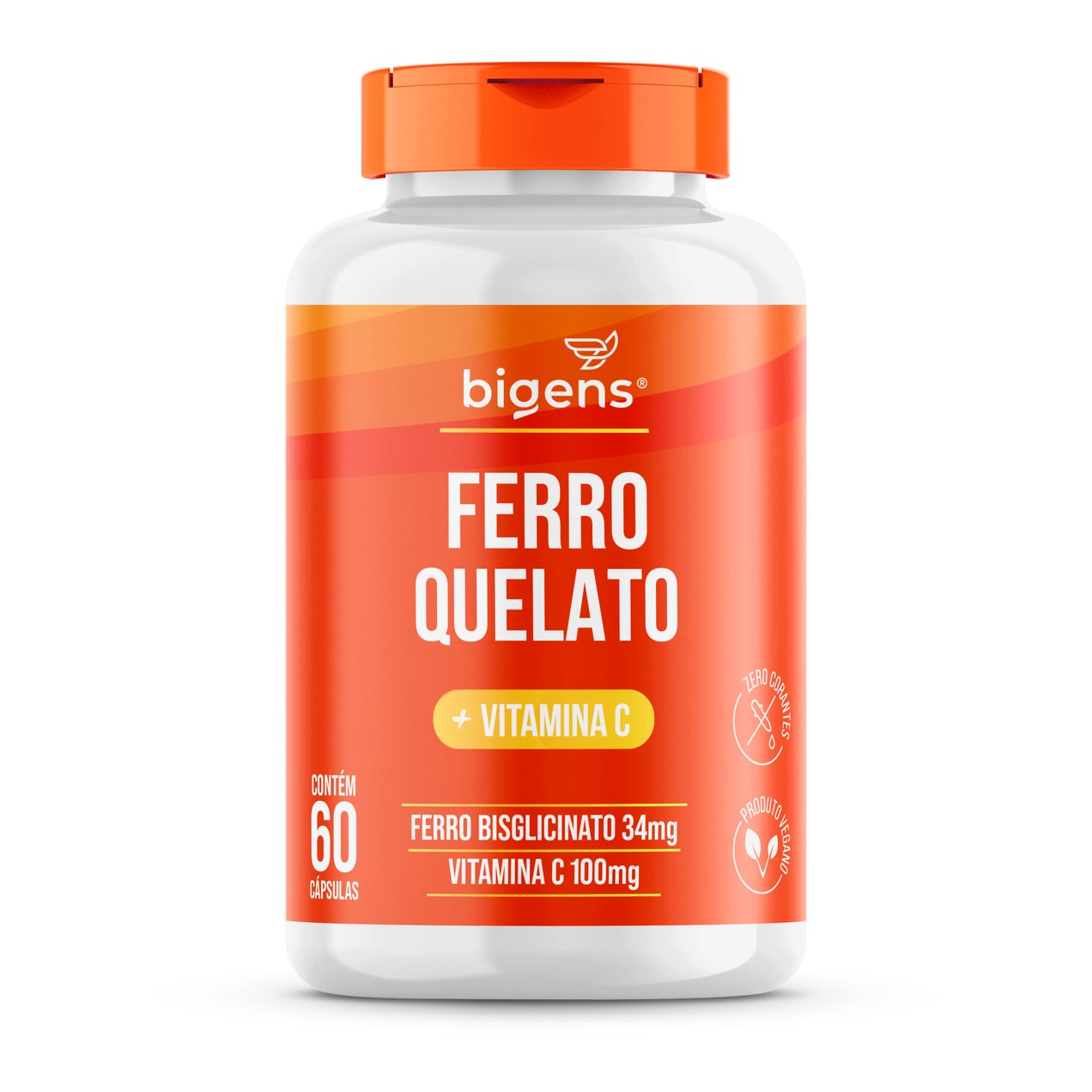 Ferro Quelato 34mg + Vitamina C 100mg ( Por Cápsula ) | 60 Cápsulas | Vegano | Bigens