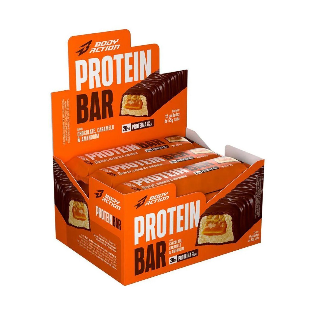 Protein Bar - 12 Unidades de 55G Caramelo com Amendoim e Chocolate - Bodyaction