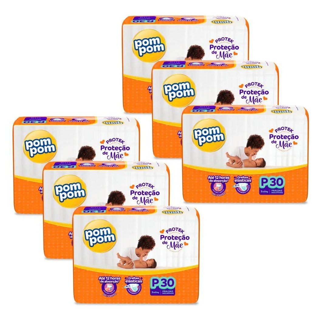 Kit 6 Fraldas Pom Pom Protek Proteção de Mãe Jumbo P com 30Un Cada