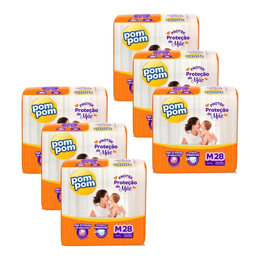 Kit 6 Fraldas Pom Pom Protek Proteção de Mãe Jumbo M com 28Un Cada