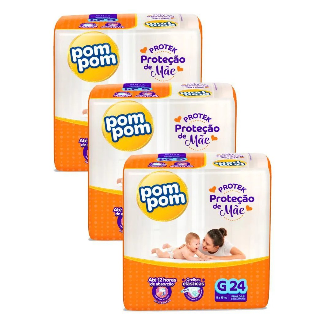 Kit 3 Fraldas Pom Pom Protek Proteção de Mãe Jumbo G com 24Un Cada