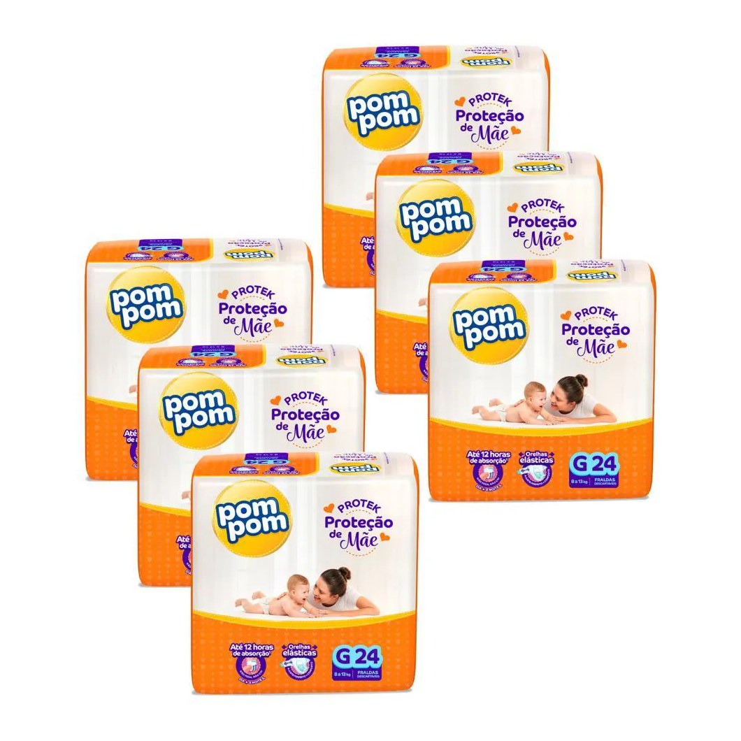Kit 6 Fraldas Pom Pom Protek Proteção de Mãe Jumbo G com 24Un Cada