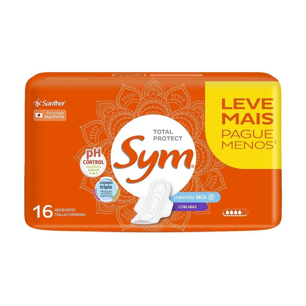 Absorvente Sym Cobertura Seca com Abas Leve 16 Pague 14 - Embalagem com 16 Unidades