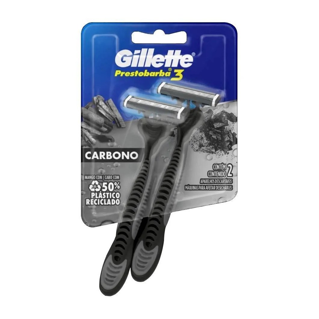 Aparelho Descartável para Barbear Gillette Prestobarba3 Carbono Masculino - Blister com 2 Unidades