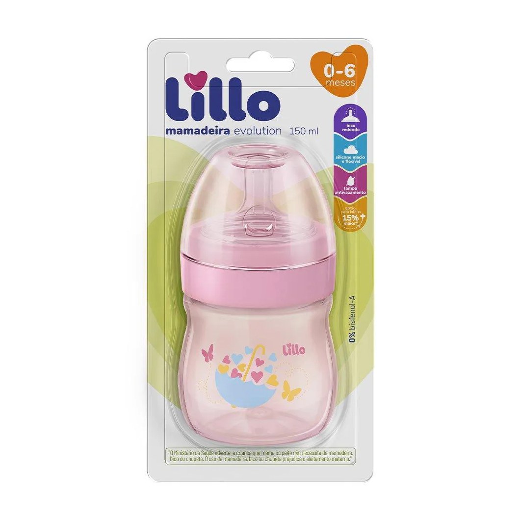 Mamadeira Lillo Super Evolution Primeiros Passos Silicone Rosa 150Ml