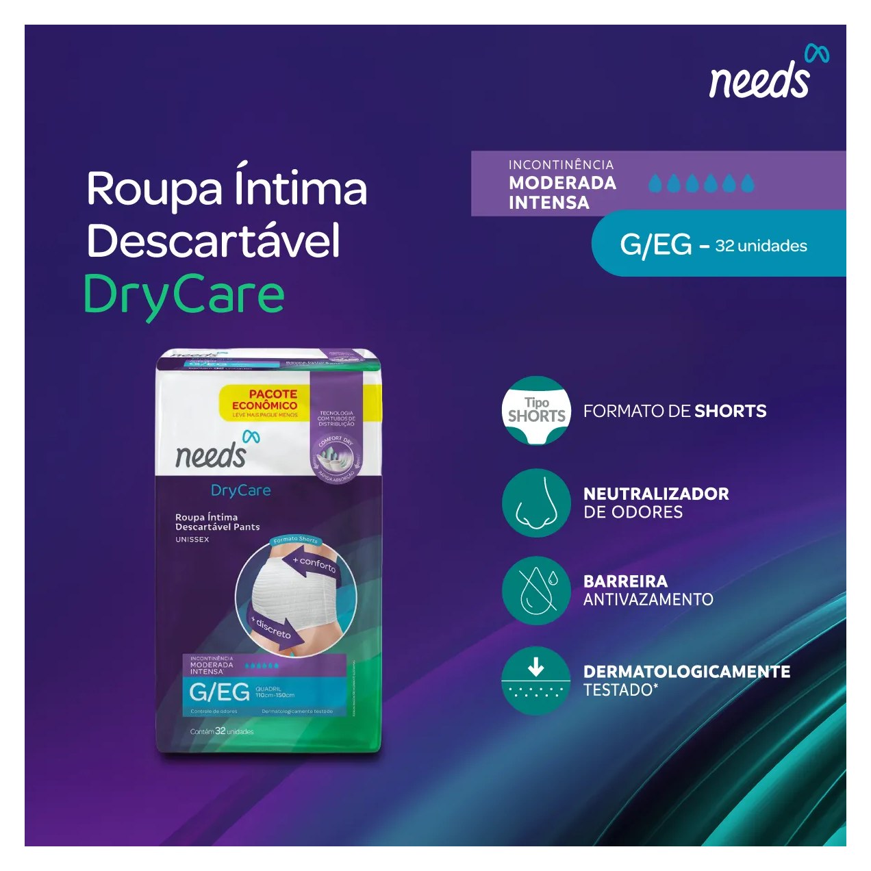 Roupa Íntima Descartável Needs Pants DryCare G/EG 32 Unidades