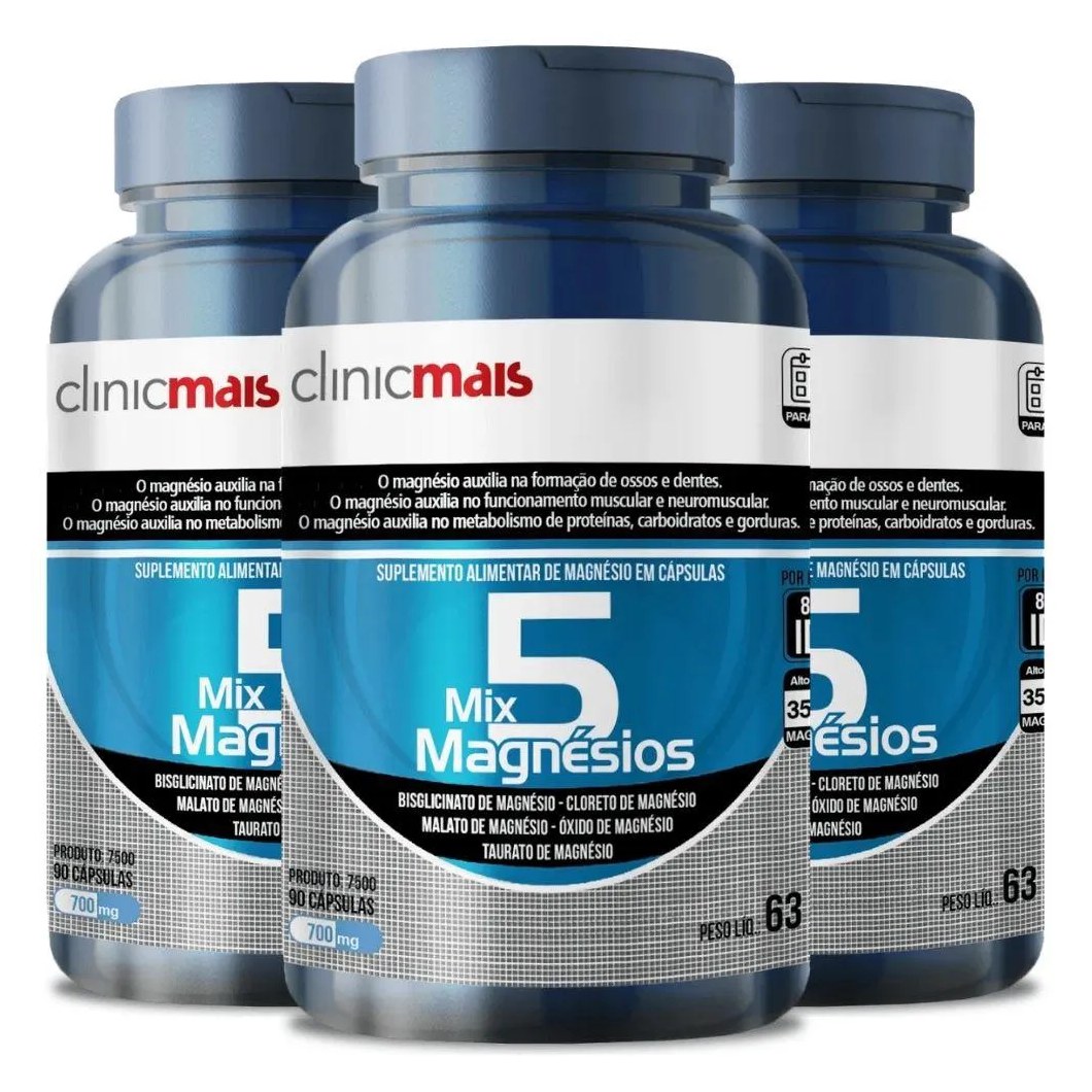 Kit 3X 5 Mix Magnésios 90 Cápsulas - Clinicmais