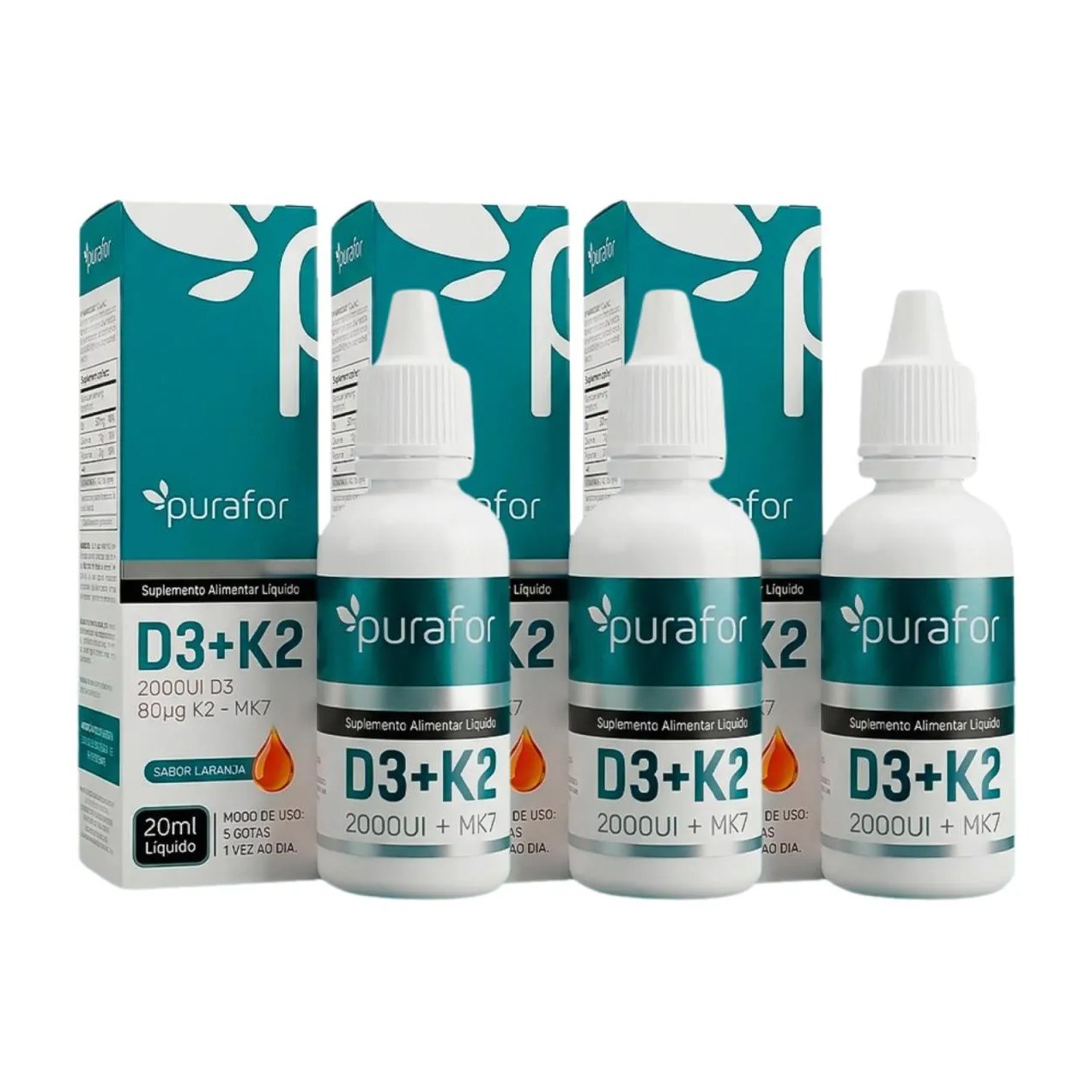 3X Vitamina D3 + K2 Gotas Purafor 20Ml Imunidade e Saúde Óssea