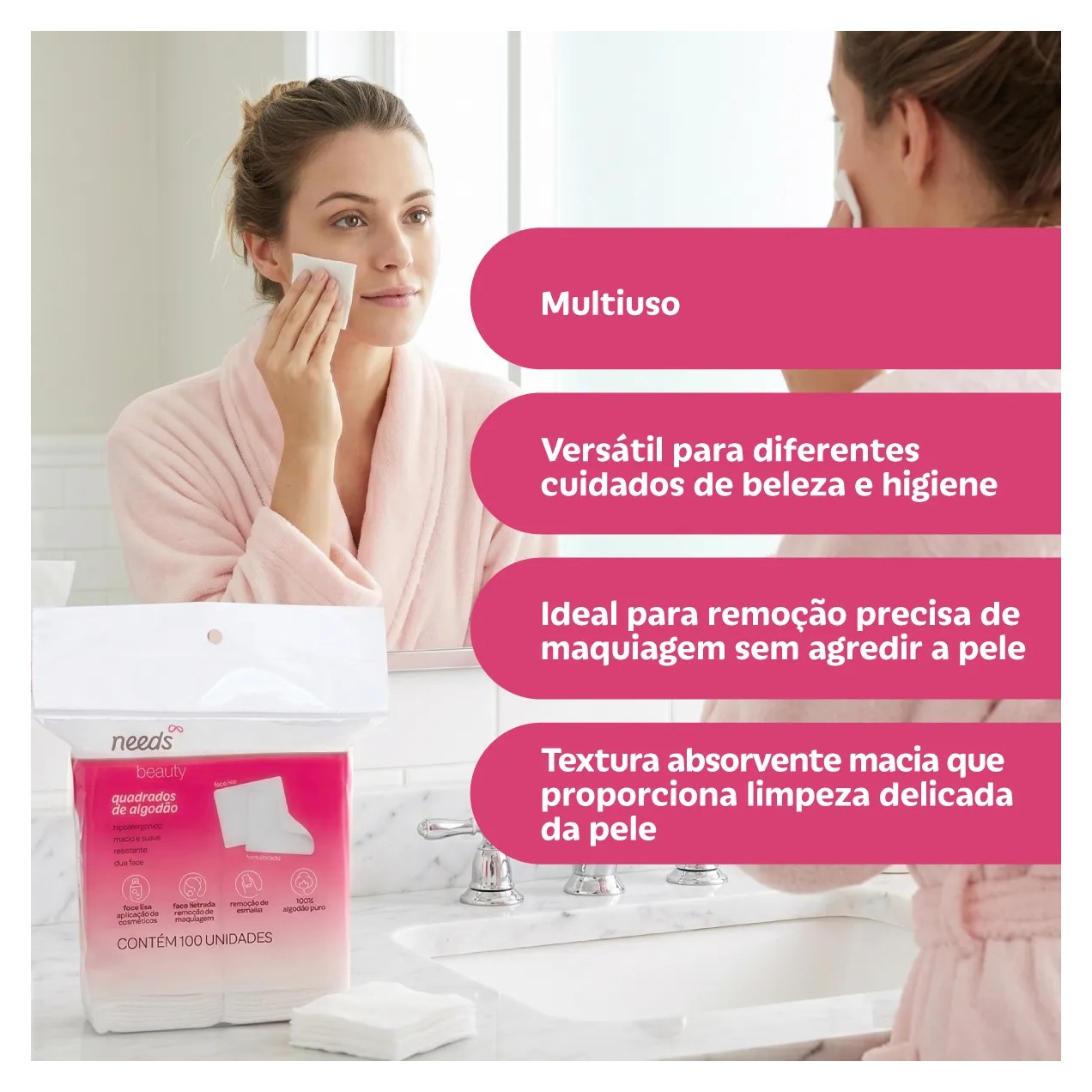 Algodão Quadrado Needs Beauty 100 Unidades
