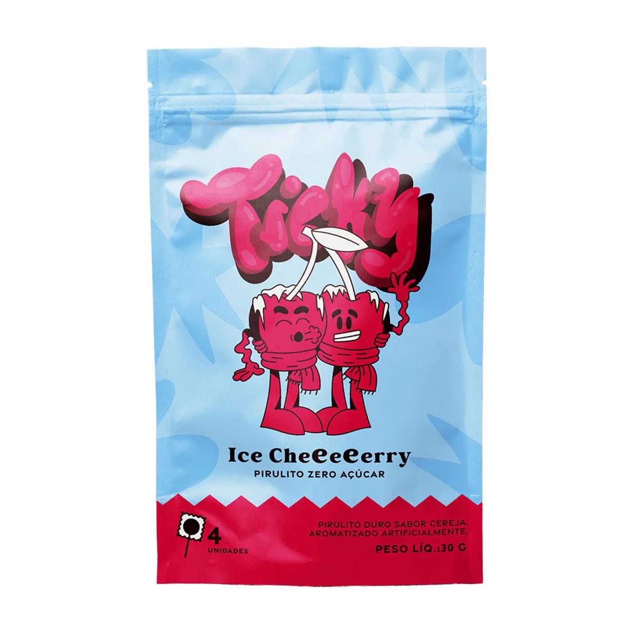 Pirulito Ticky Zero Açucar Ice Cherry Pouch 4 unidades