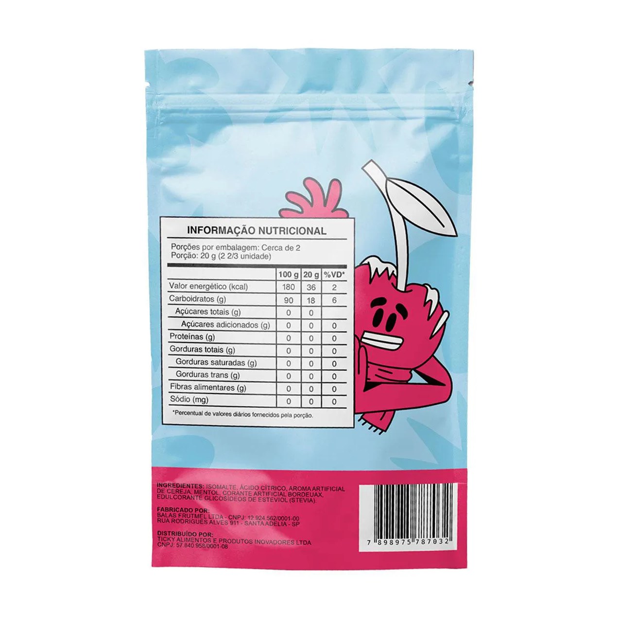 Pirulito Ticky Zero Açucar Ice Cherry Pouch 4 unidades