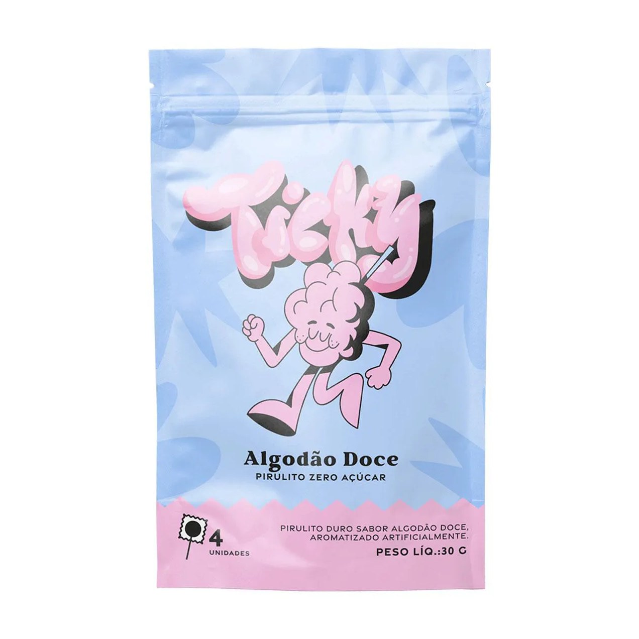 Pirulito Ticky Zero Açucar Algodão Doce Pouch 4 unidades