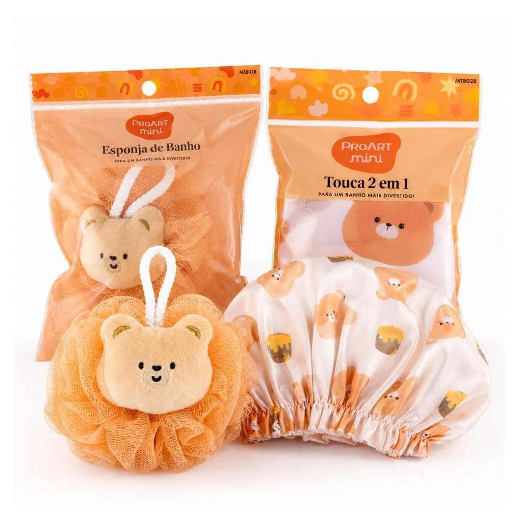 Kit Proart Mini Urso: Touca de Banho 2 em 1 e Esponja de Banho