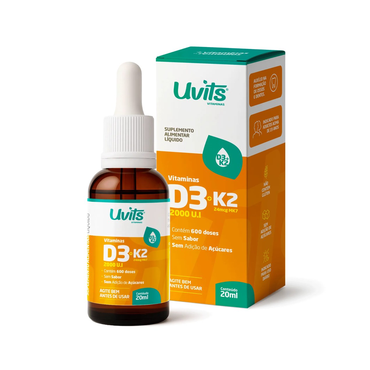Vitamina D3 2000UI K2 24Mcg 20ml 600 Doses - Uvits