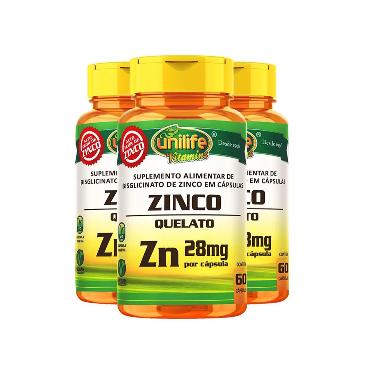 Kit 3 Zinco Quelato 28Mg 60 Cápsulas Unilife