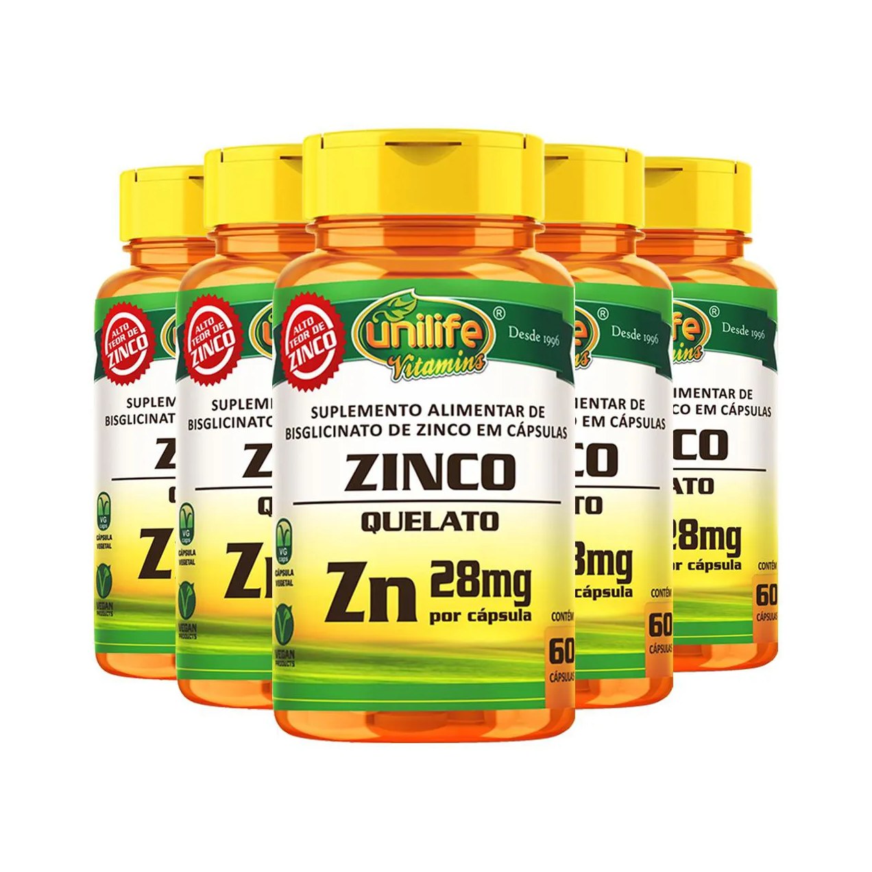 Kit 5 Zinco Quelato 28Mg 60 Cápsulas Unilife