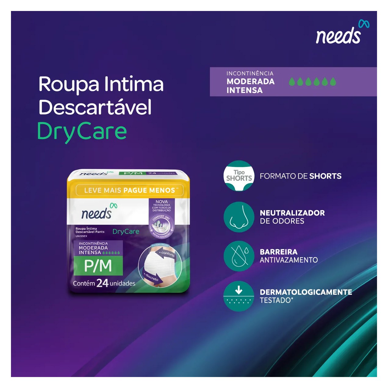 Roupa Íntima Descartável Needs DryCare Pants P/M 24 Unidades