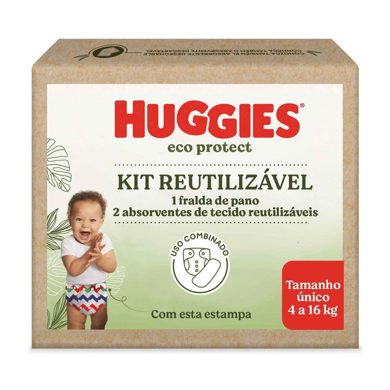 Kit Fralda Ecológica Huggies Eco Protect Reutilizável Tamanho Único Listrada 1 unidade + Absorvente de Tecido Reutilizável 2 unidades