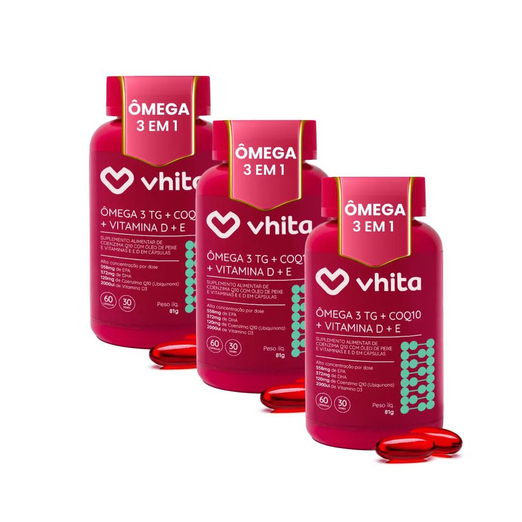 Ômega 3 Vitamina D Coenzima Q10 - Ômega 3 em 1 Vhita - 3 Potes
