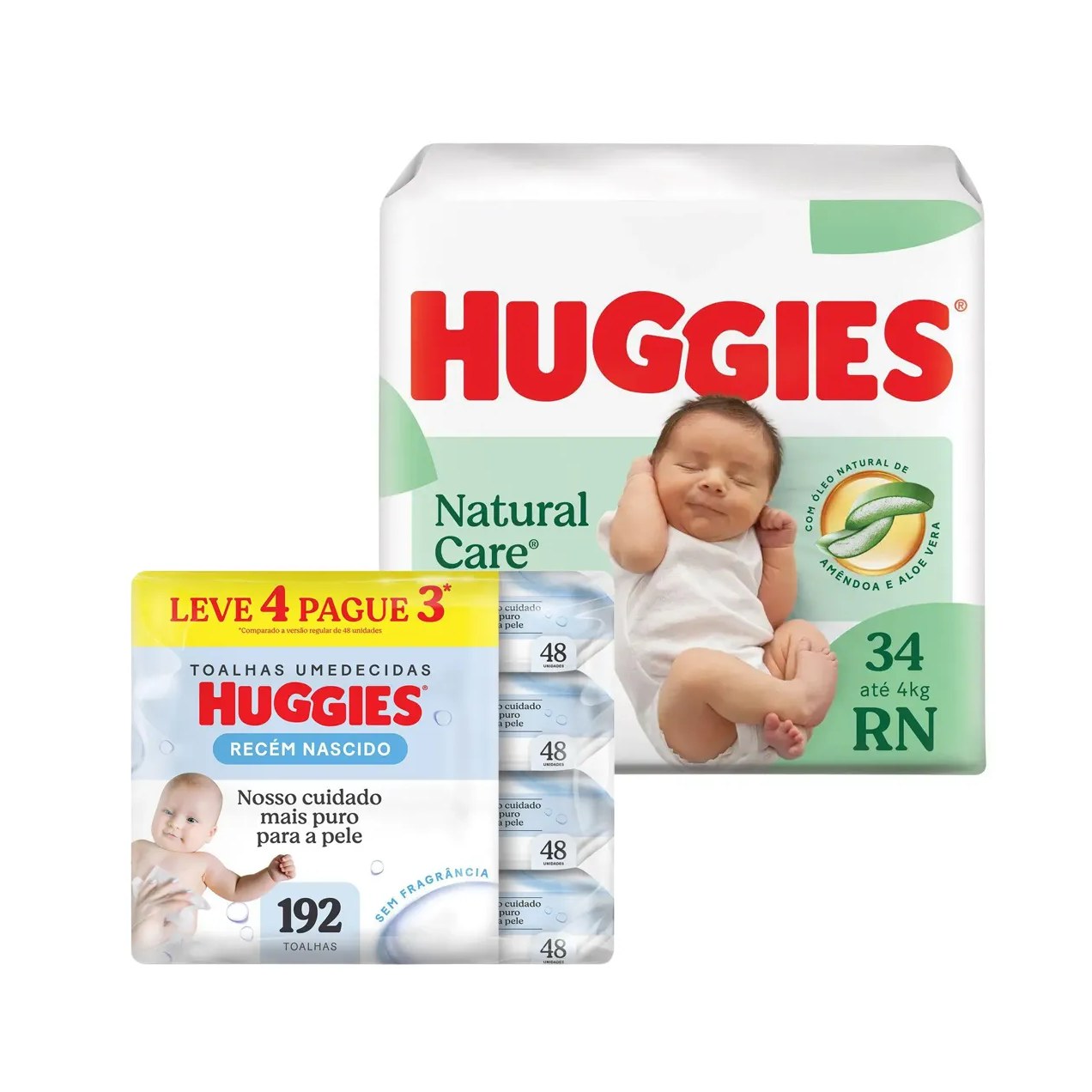 Kit Huggies Disney Baby Lenço Umedecido Recém Nascido Hipoalergênico Sem Fragrância 4 pacotes com 48 unidades cada + Fralda Natural Care Premium RN 34 unidades