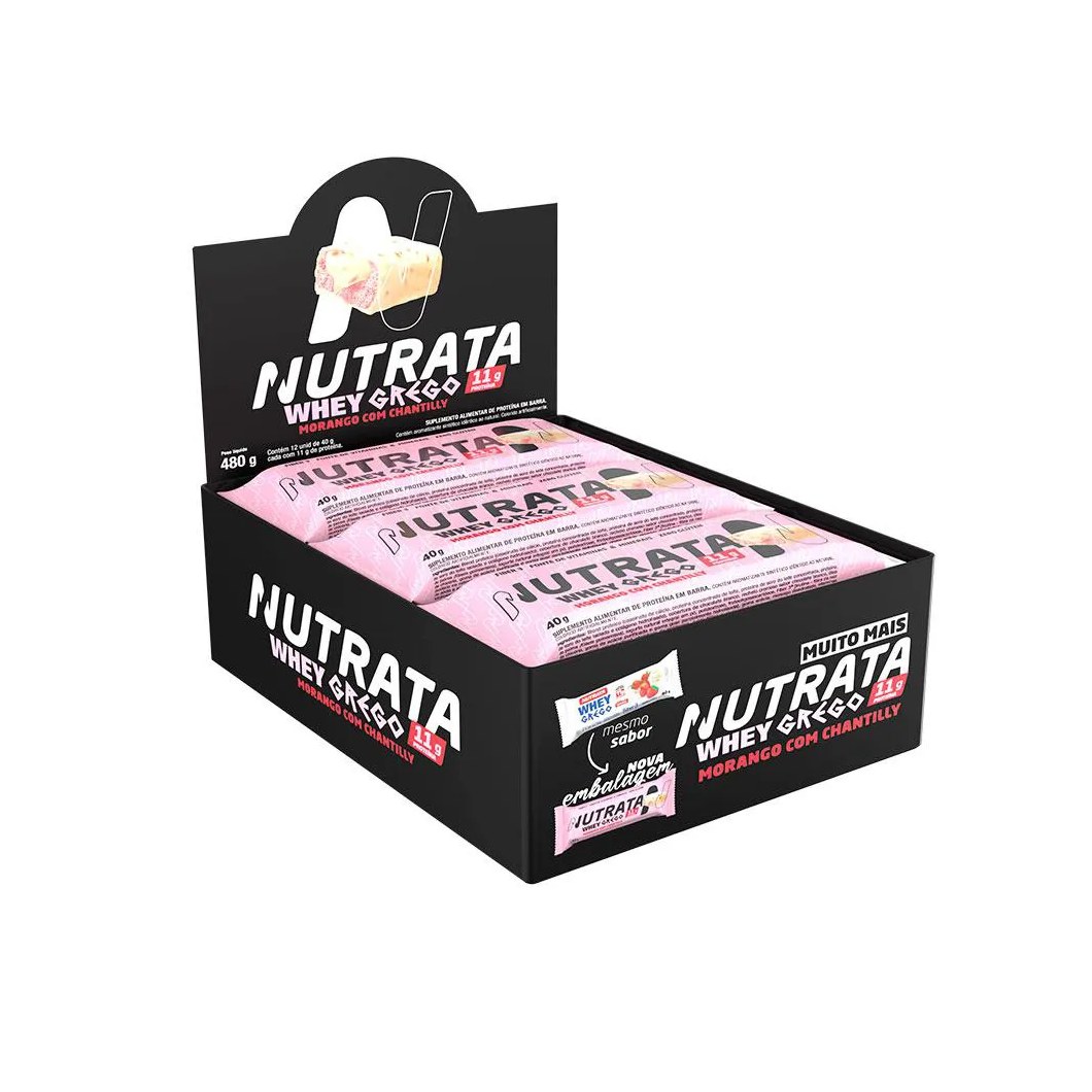Whey Grego Bar Protein Display 12 Unidades Nutrata - Morango com Chantily