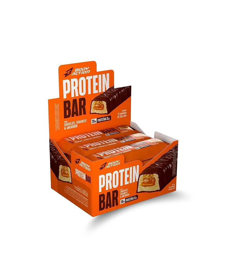 Barra de Proteína Display com 12 Unidades Sabor Caramelo com Amendoim e Chocolate com 55g Cada Bodyaction