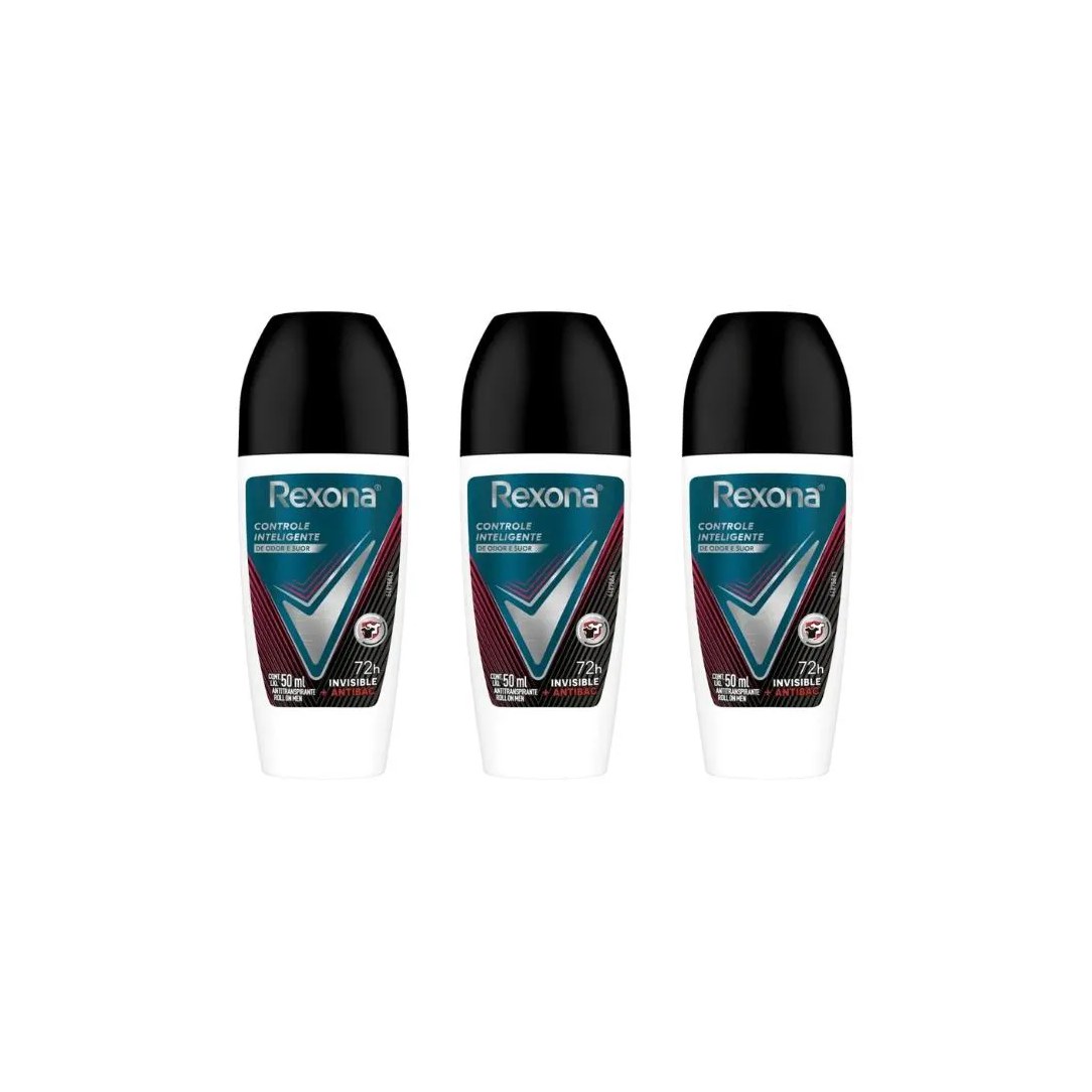 Desodorante Roll-On Rexona 50ml Masc Antibacte Invisible-3Un