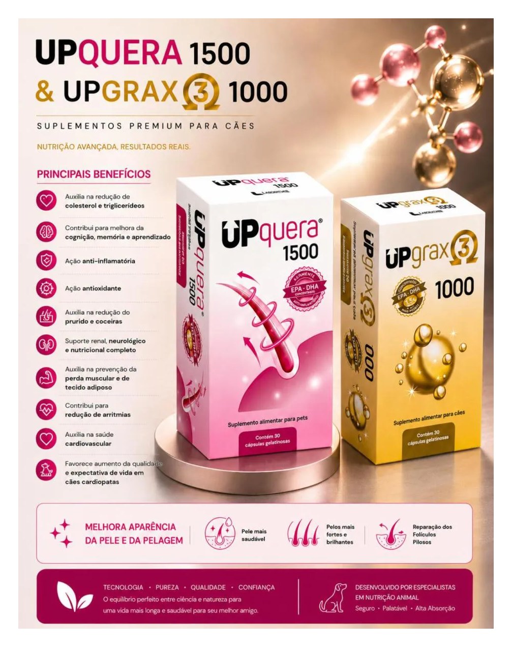Kit Upquera 1500 + Upgrax 3 1000 Ômega 3 Epa Dha Pele Saudável Pelo Forte Cães & Gatos