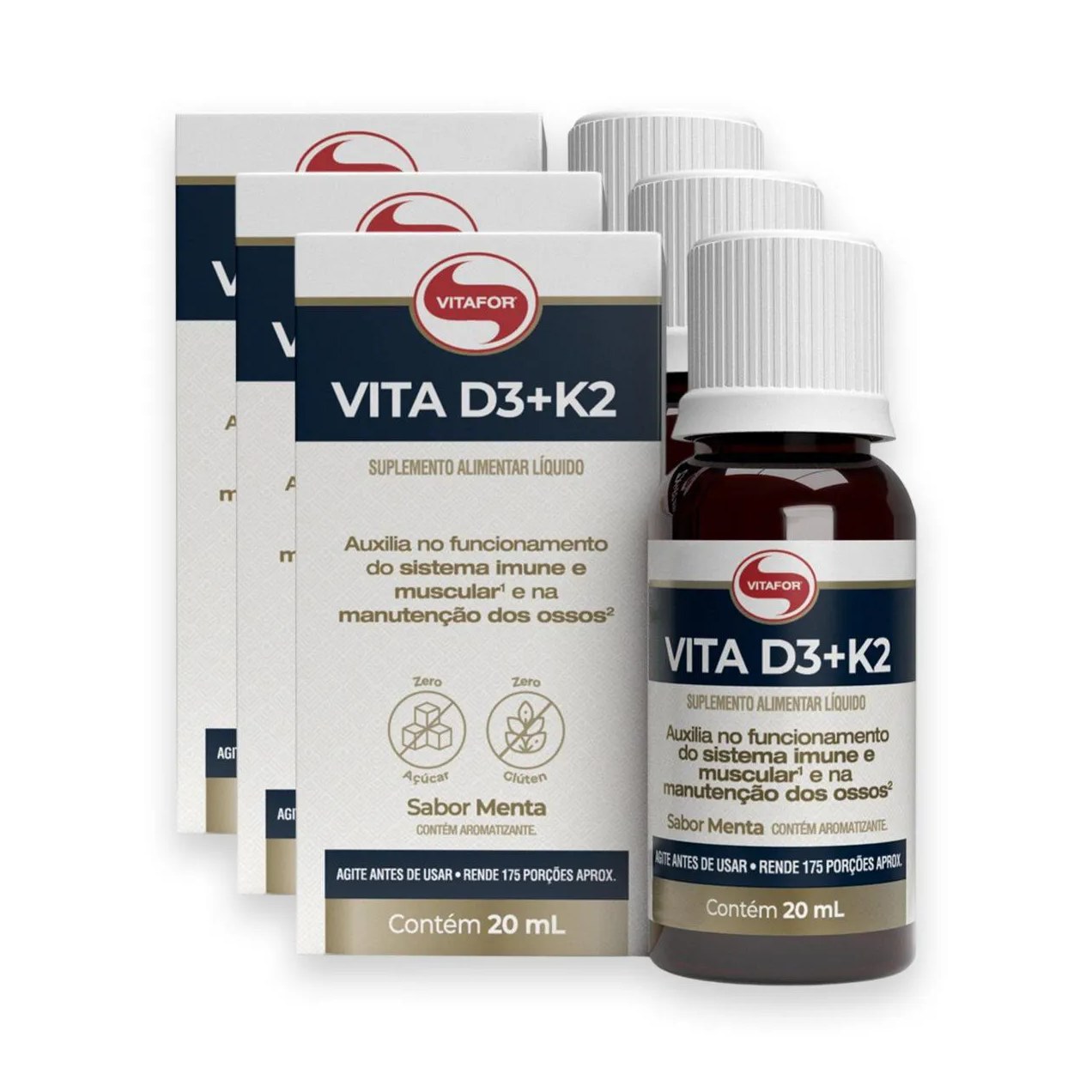 Kit 3 Vita D3 + K2 Vitafor 20ml Menta