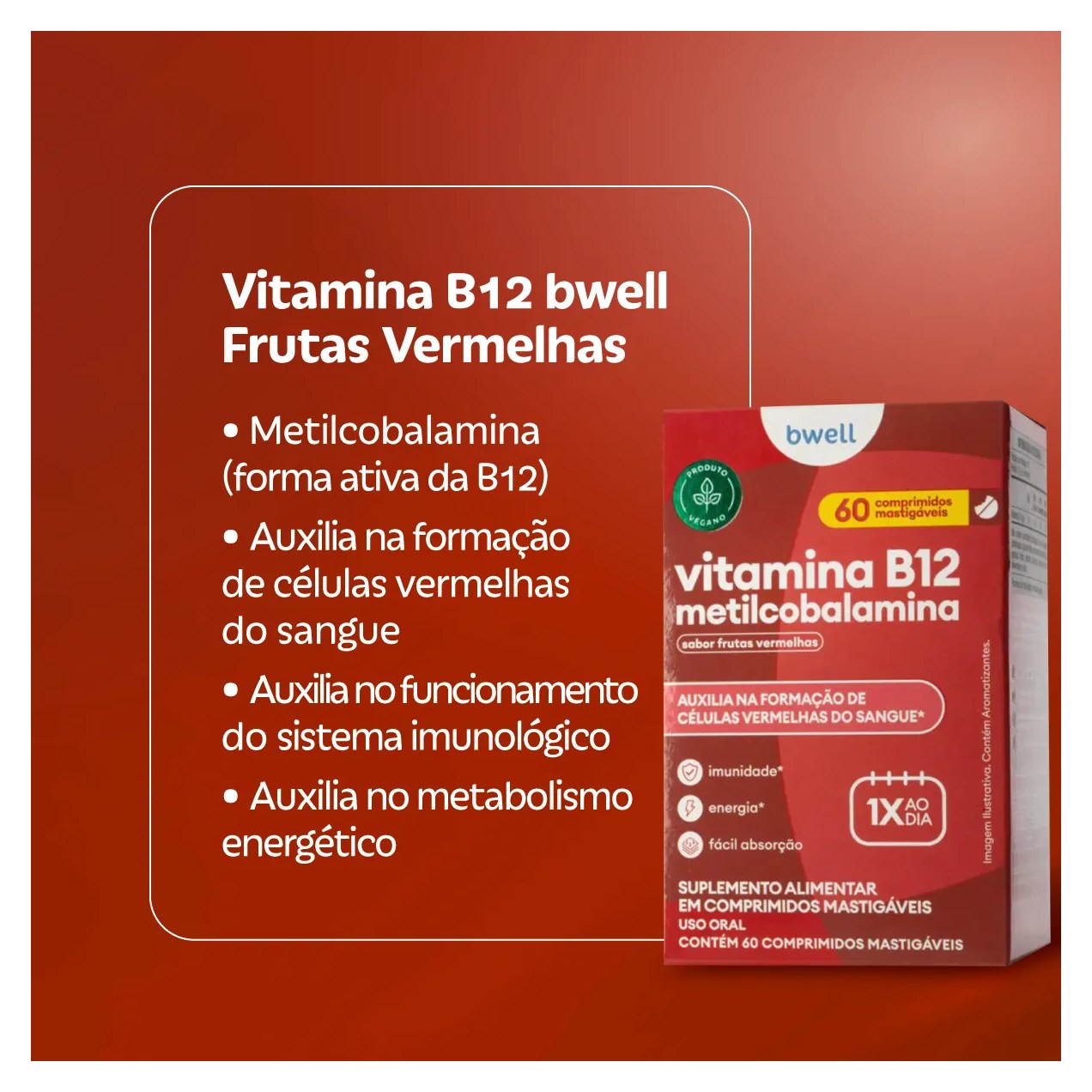 Vitamina B12 Bwell Frutas Vermelhas 60 Comprimidos Mastigáveis