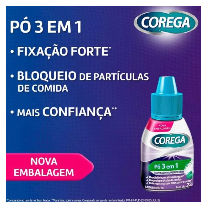 Corega Pó Fixador de Dentadura 3 em 1 Menta 22g