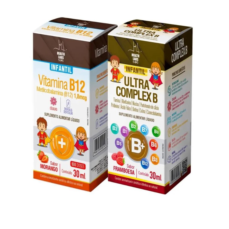 Kit Vitamina B12 Infantil 30ml Morango + Ultra Complexo B Infantil 30ml Framboesa – Health Labs