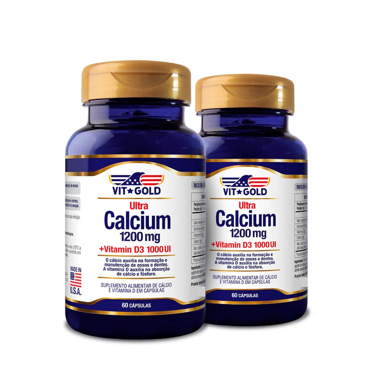 Kit 2x Ultra Cálcio 1200mg + Vitamina D3 1000UI 60 Cápsulas Vitgold