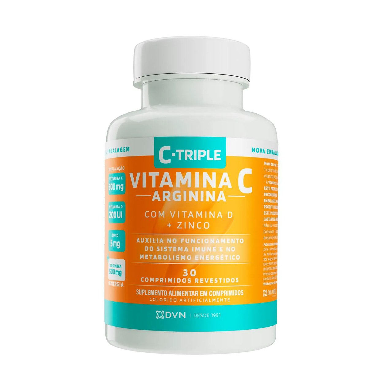 C-triple + Arginina - Vit C 500mg + Zinco 5mg + Vit D 200ui + Arginina 500mg 30 comprimidos