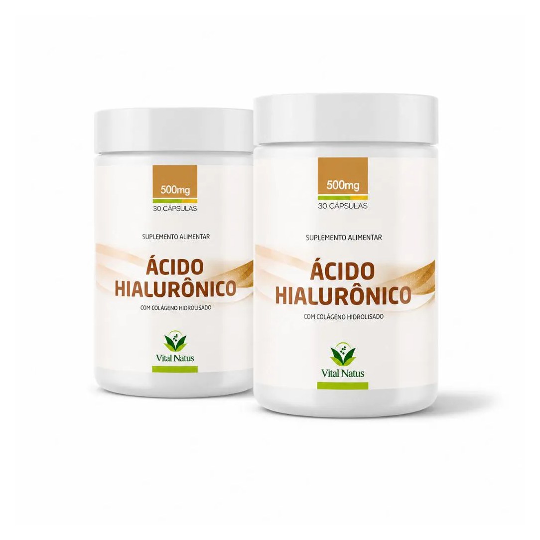 Kit 2 Frascos Ácido Hialurônico + Colágeno Hidrolisado Vital Natus 500mg 60 Cápsulas