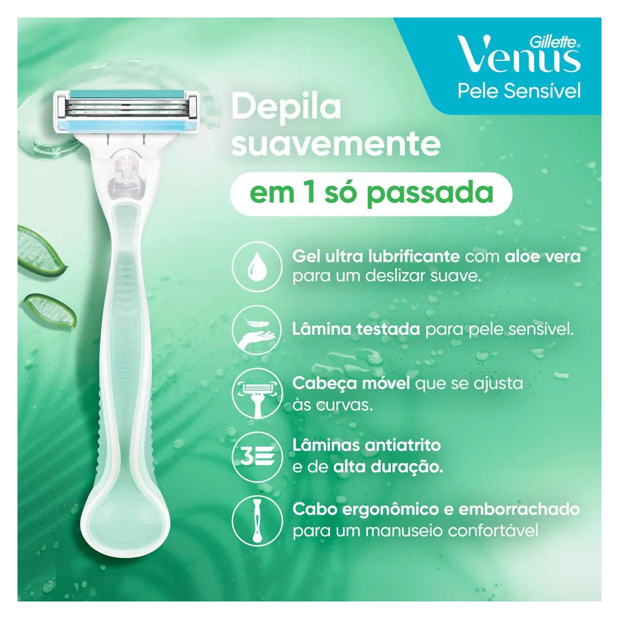 Kit Aparelho de Depilar Gillette Vênus Pele Sensível com Aloe e Vera 1 unidade + Carga 3 Unidades
