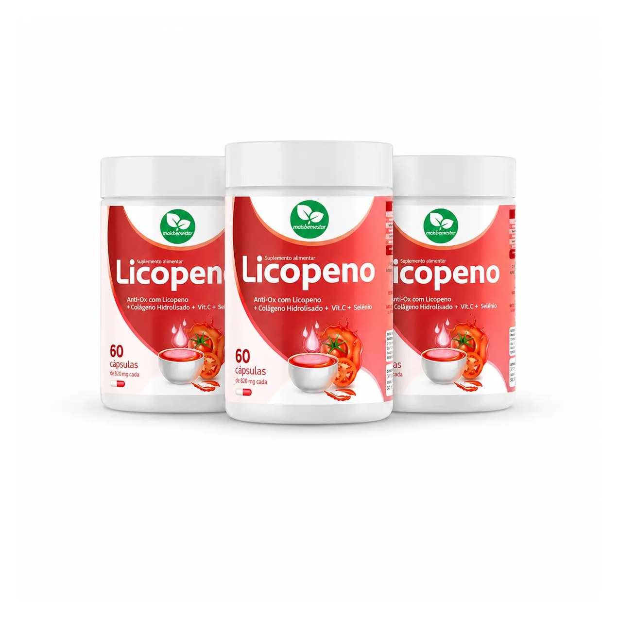 Kit 3 Licopeno com Colágeno Hidrolisado, Vitamina C e Selênio 180 Cápsulas Mais Bem Estar