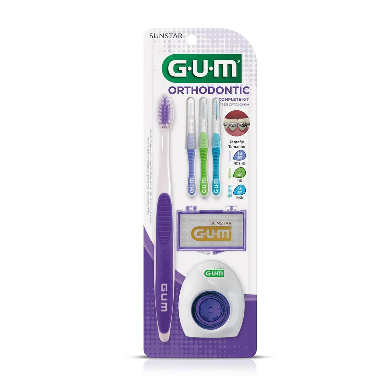 Kit G.U.M Orthodontic Escova de dente + 3 Escovas Interdentais + 5 Bastões de Cera + 5 Fios Dentais