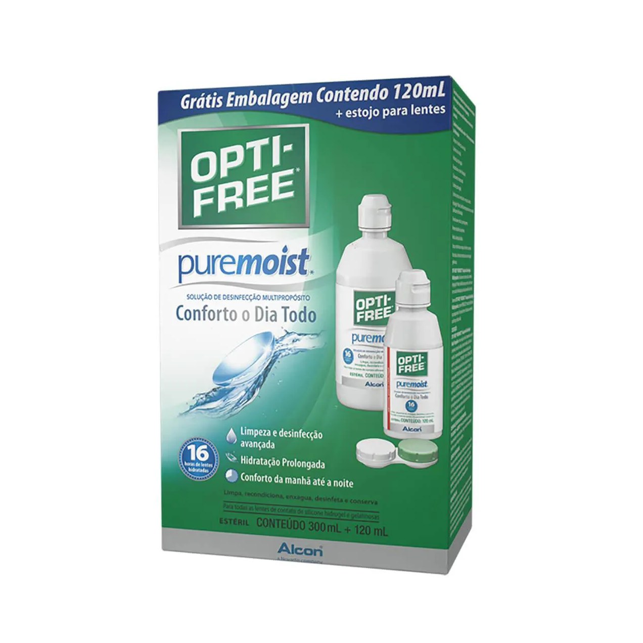 Kit Opti-Free Puremoist Solução para Lentes de Contato 300ml + 120ml + Estojo para Lentes de Contato