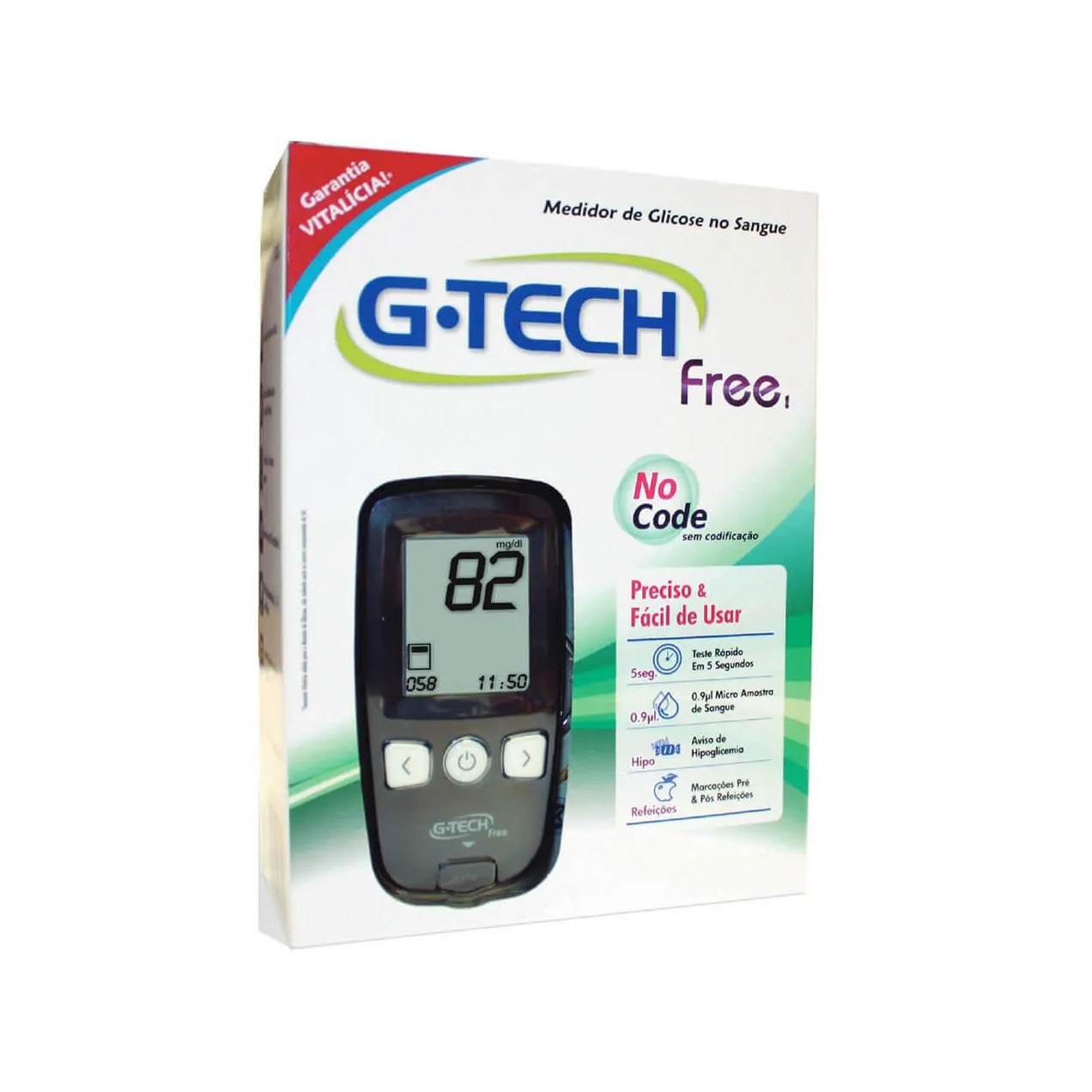 Medidor de Glicose G-Tech Free No Code com 10 tiras + 10 lancetas + 1 lancetador