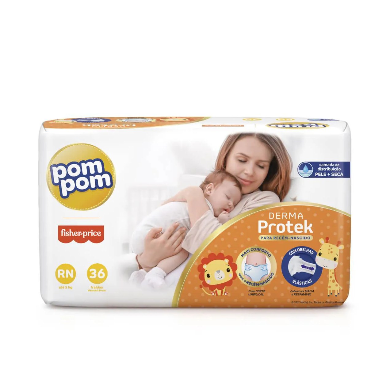 Fralda Pom Pom Fisher-Price Derma Protek com Corte Umbilical Orelhas Elásticas até 5kg RN 36 unidades