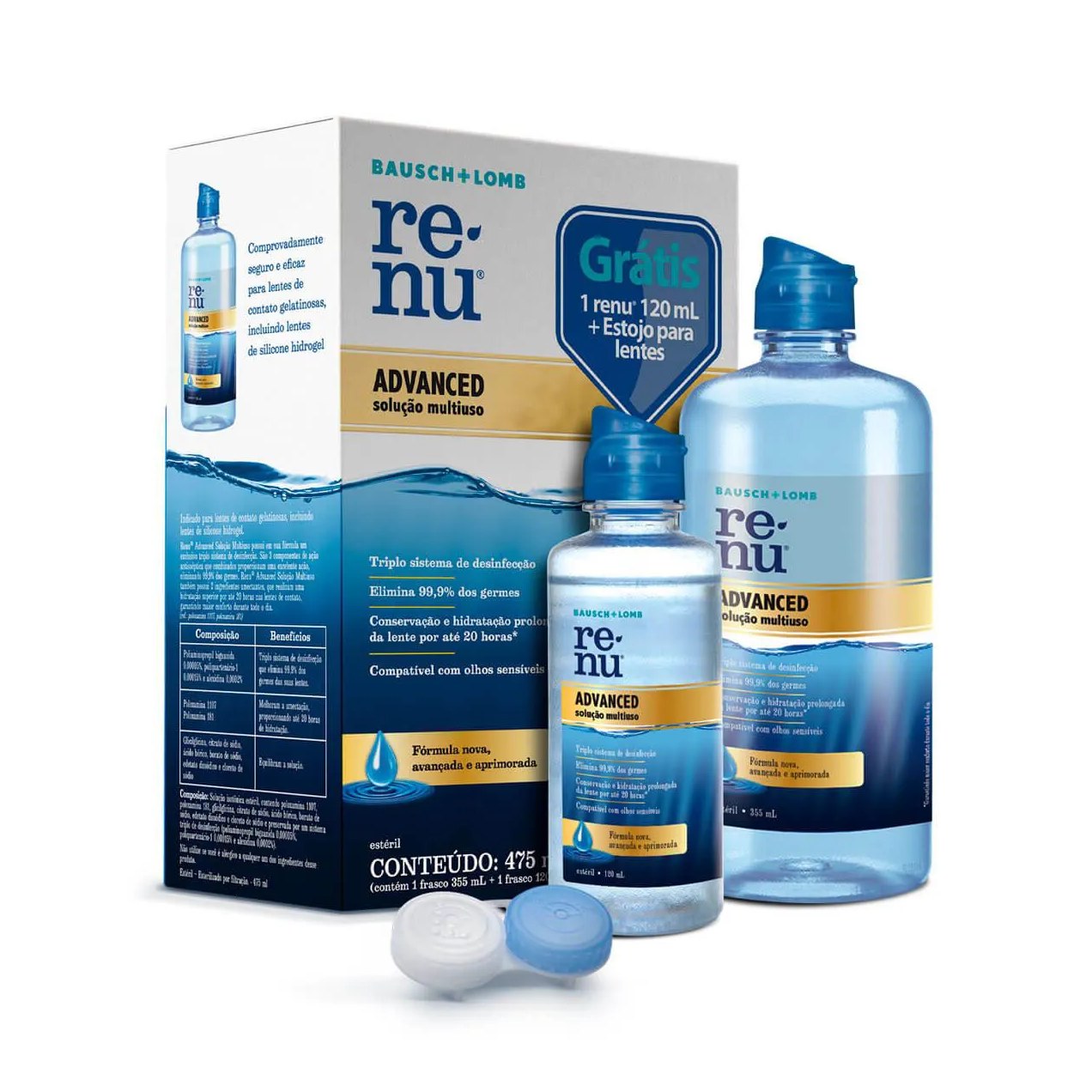 Kit para Limpeza de Lente de Contato Renu Advanced com 335ml + 120ml + Estojo para Lente de Contato