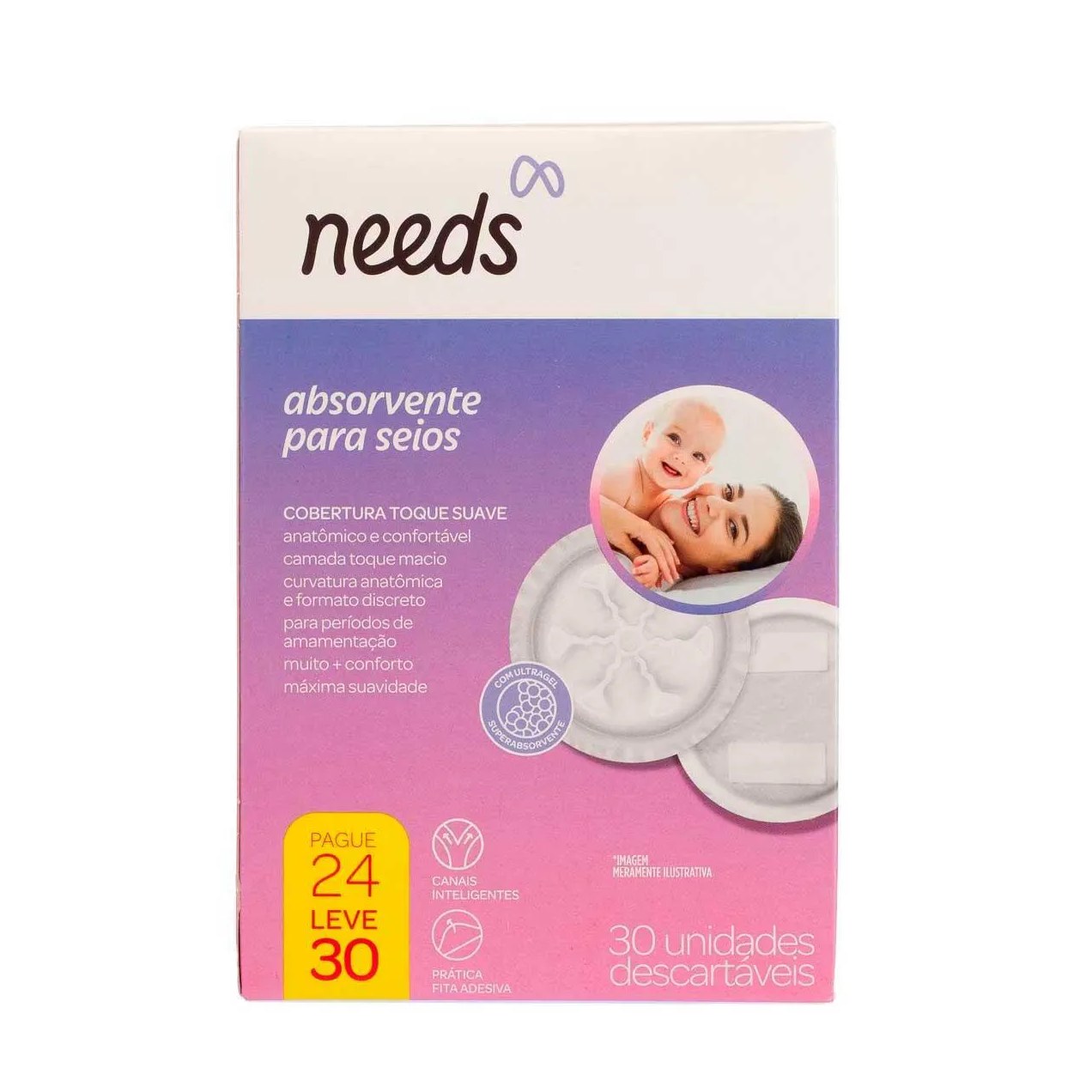 Absorvente para Seios Needs Toque Suave 30 Unidades