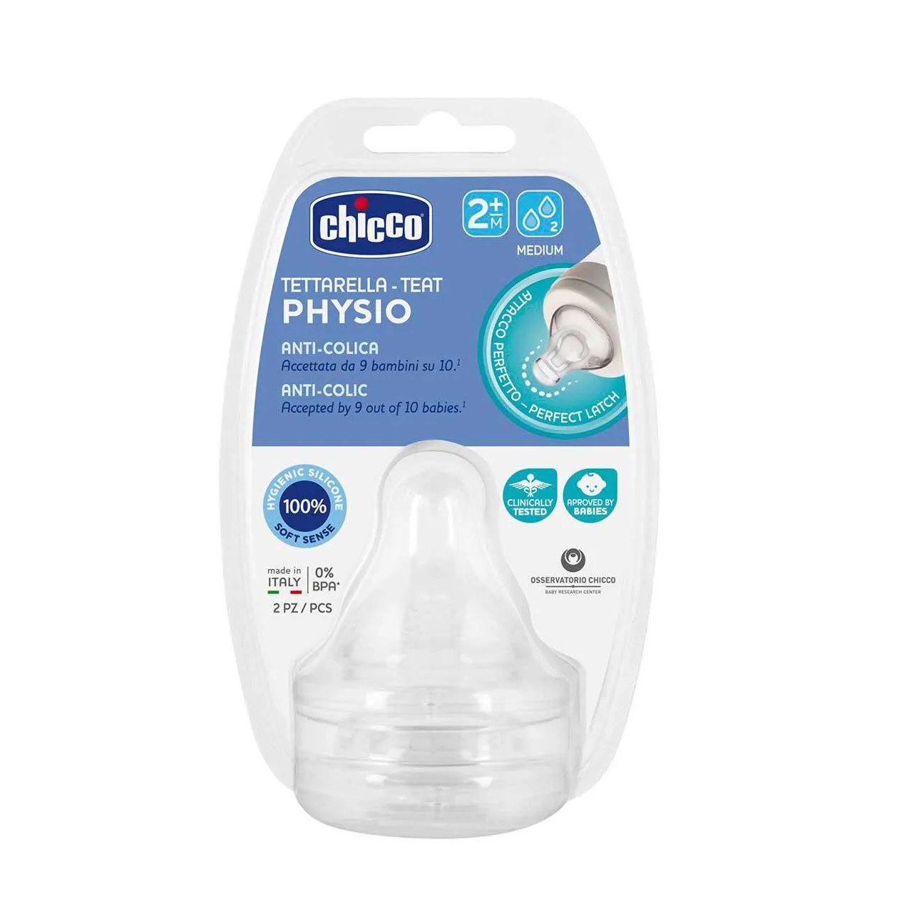 Bico para Mamadeira Chicco Physio Anticólica Fluxo Médio 2 meses+ com 2 unidades
